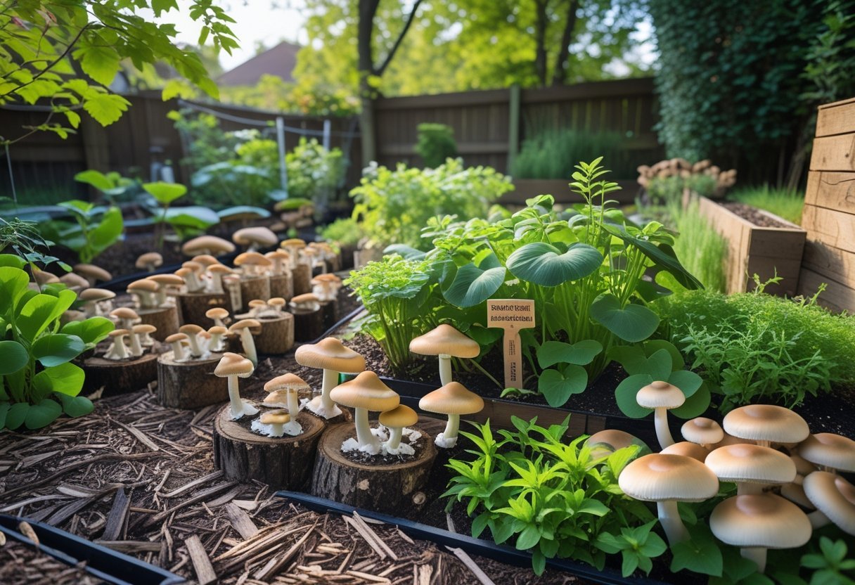 A backyard edible mushroom garden with various mushrooms growing on logs and soil beds surrounded by green plants under soft sunlight.