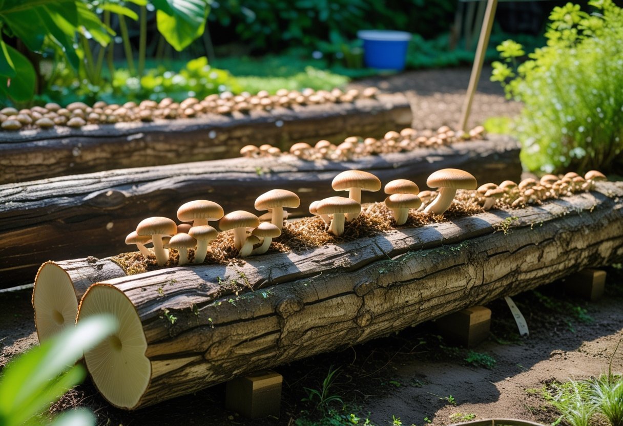 Several wooden logs outdoors with clusters of shiitake mushrooms growing on them surrounded by green plants.