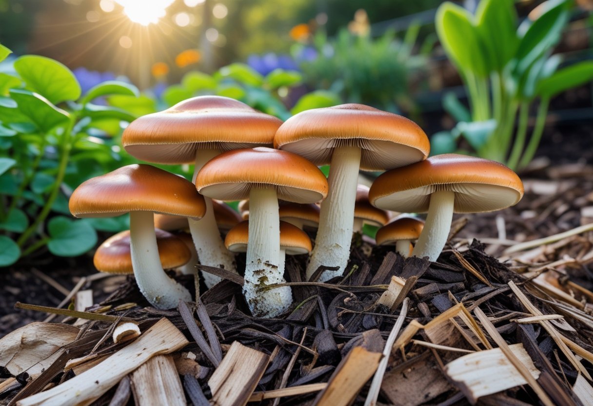 A close-up of wine cap mushrooms growing on wood chips in an outdoor garden bed.