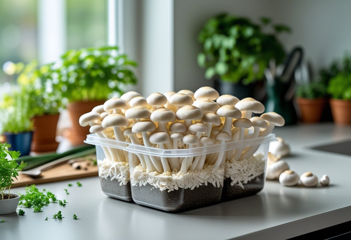 Indoor oyster mushroom grow kit with clusters of fresh mushrooms growing on a countertop surrounded by small plants and gardening tools.