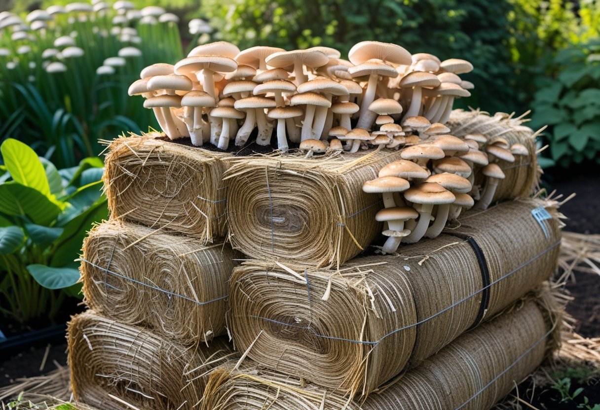 Stacked straw bales with edible mushrooms growing from them in an outdoor garden setting.
