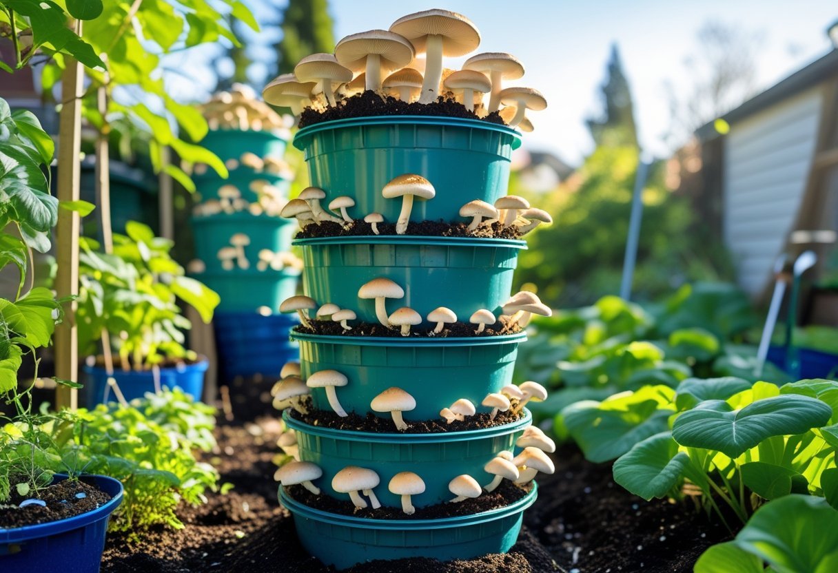 A vertical tower made from stacked recycled buckets growing edible mushrooms in a garden setting with green plants around.
