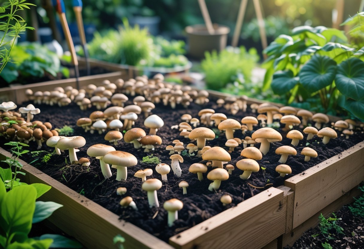 A raised wooden garden bed filled with compost and various edible mushrooms growing, surrounded by green plants and garden tools.