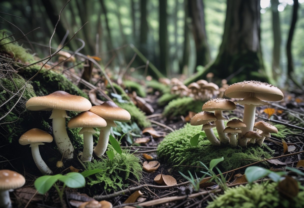 A variety of edible mushrooms growing on the forest floor at the edge of a woodland area surrounded by leaves and moss.