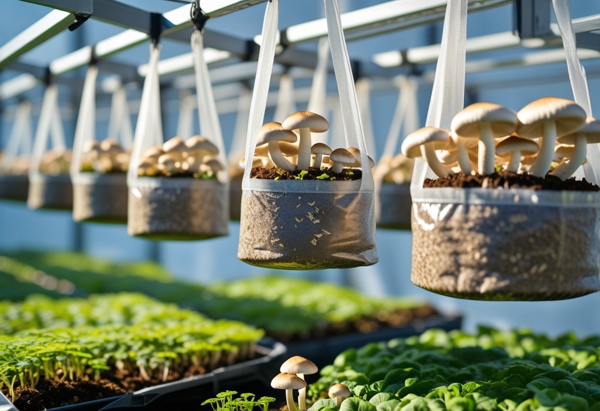 Hanging bags filled with substrate and fresh edible mushrooms growing in an indoor garden setup.