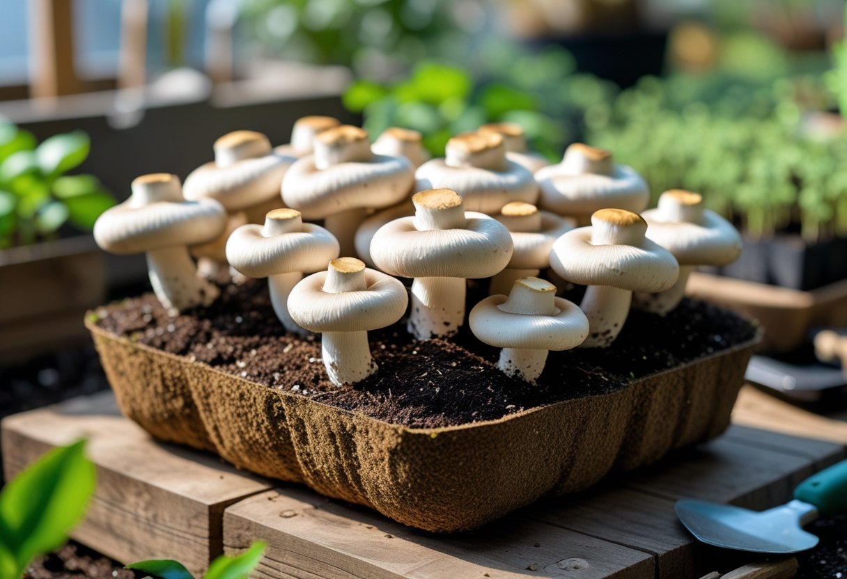 A coffee grounds mushroom planter filled with fresh edible mushrooms on a wooden surface surrounded by gardening tools and plants.