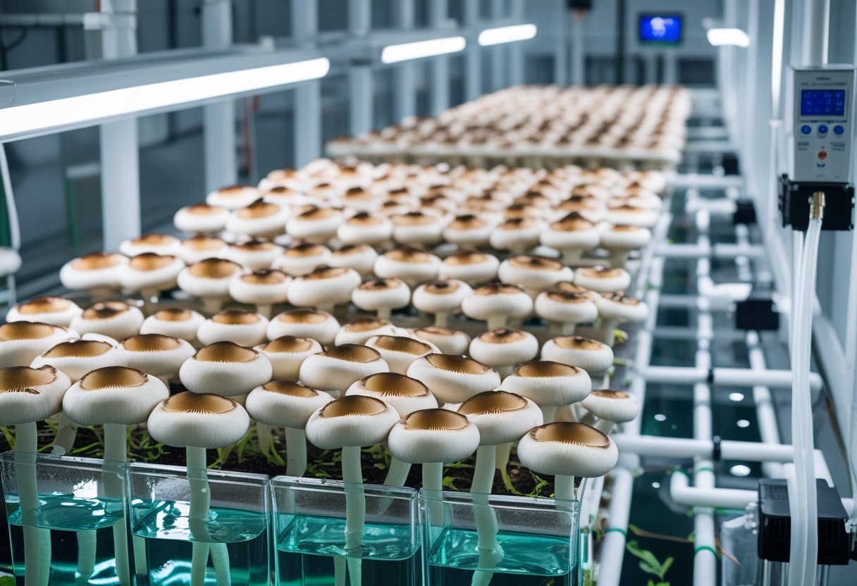Indoor hydroponic mushroom cultivation setup with vertical racks of edible mushrooms growing in a clean, controlled environment.