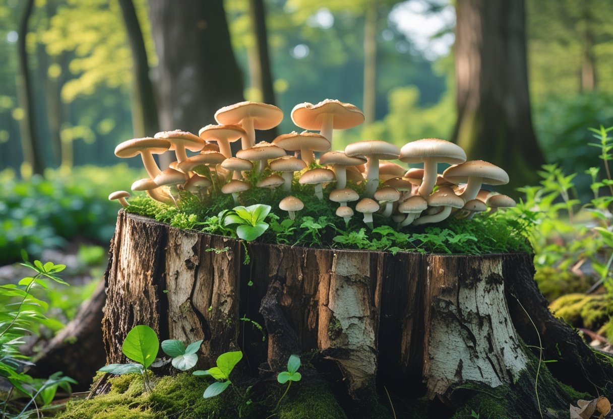 A large rotten tree stump covered with various edible mushrooms surrounded by green plants and forest floor debris.