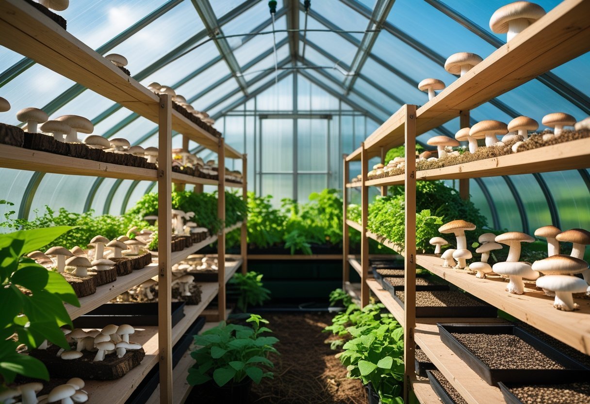 A greenhouse interior with shelves full of various edible mushrooms growing in an organized garden setup.