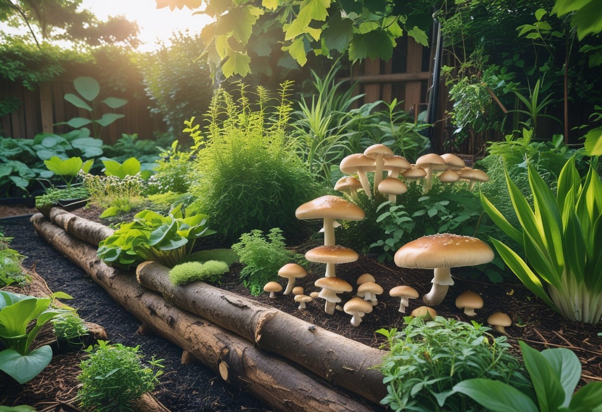 A diverse permaculture garden with various edible mushrooms growing naturally among green plants and soil beds.