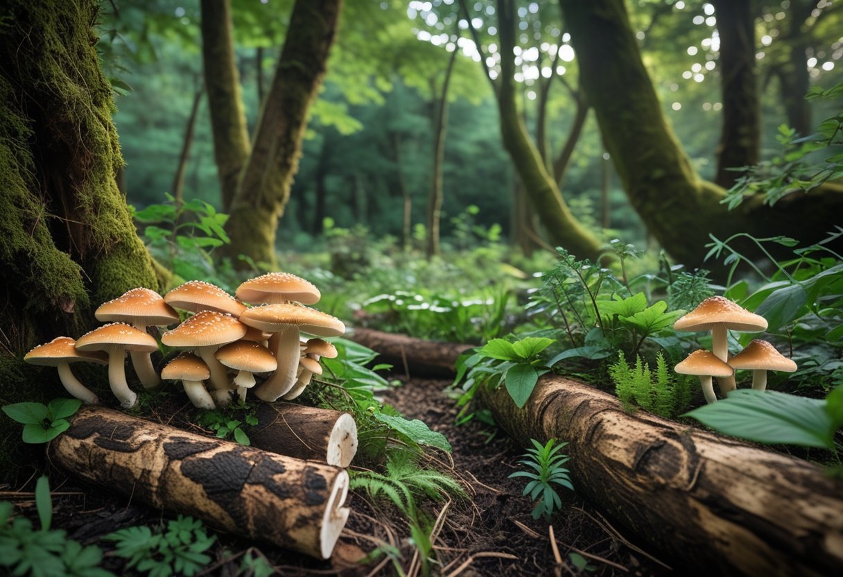 A variety of edible mushrooms growing on logs and forest soil beneath green plants in a shaded food forest.