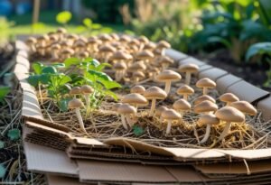 A garden bed made of cardboard and straw with clusters of edible straw mushrooms growing outdoors surrounded by green plants.