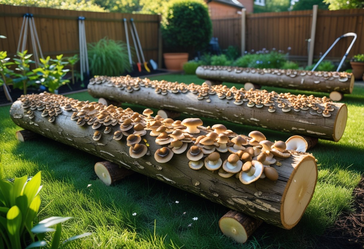 Several wooden logs arranged on grass with clusters of mushrooms growing on them in a backyard garden.