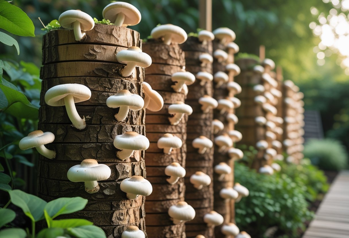 Vertical stacks of wooden logs with white oyster mushrooms growing on them in a garden setting.