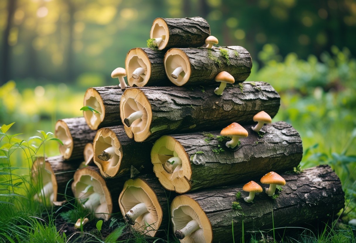 A pyramid-shaped stack of logs outdoors with mushrooms growing on them, surrounded by grass and trees.