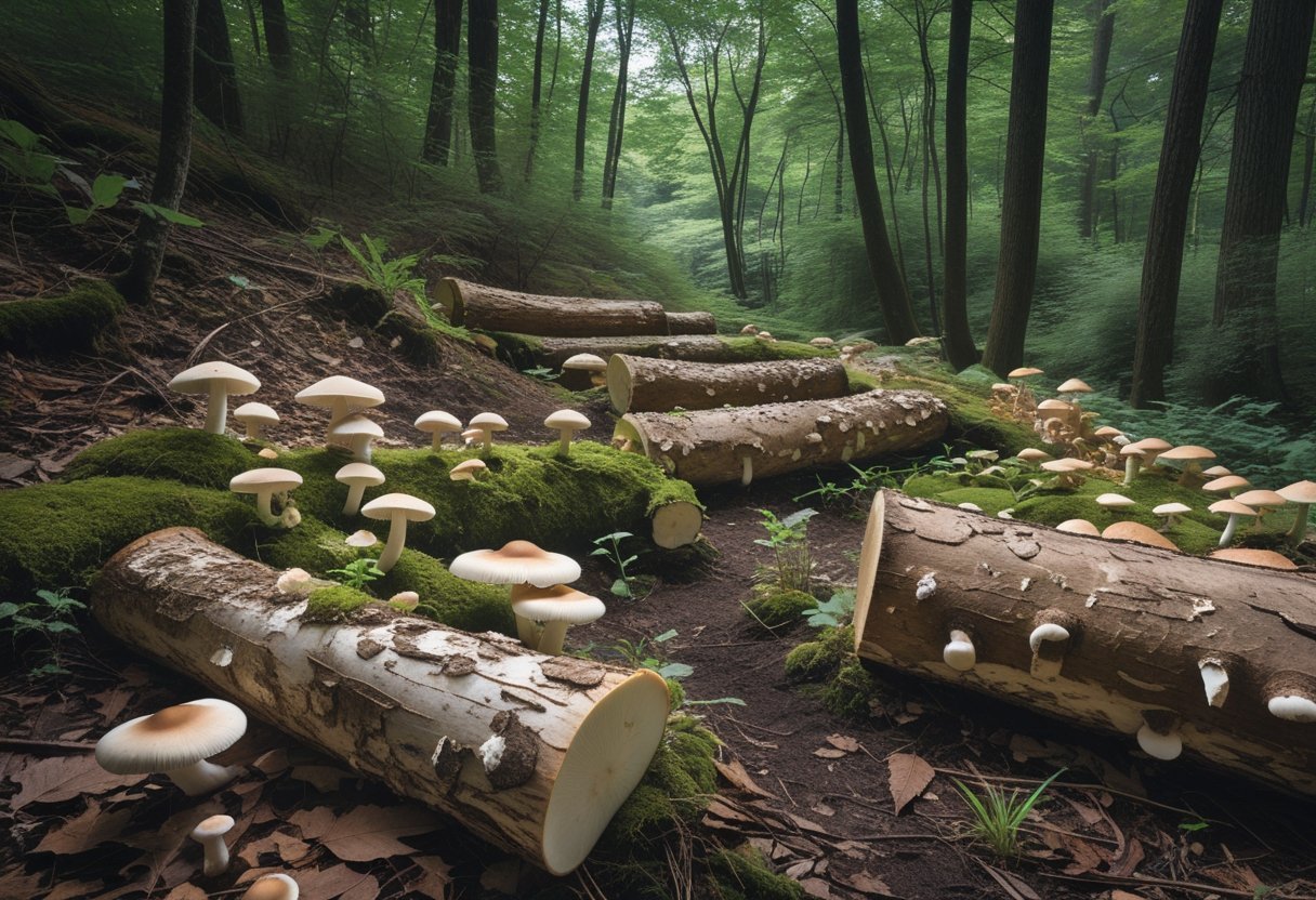 A shaded forest edge with logs arranged on the ground, growing various mushrooms among leaves and moss under tall green trees.