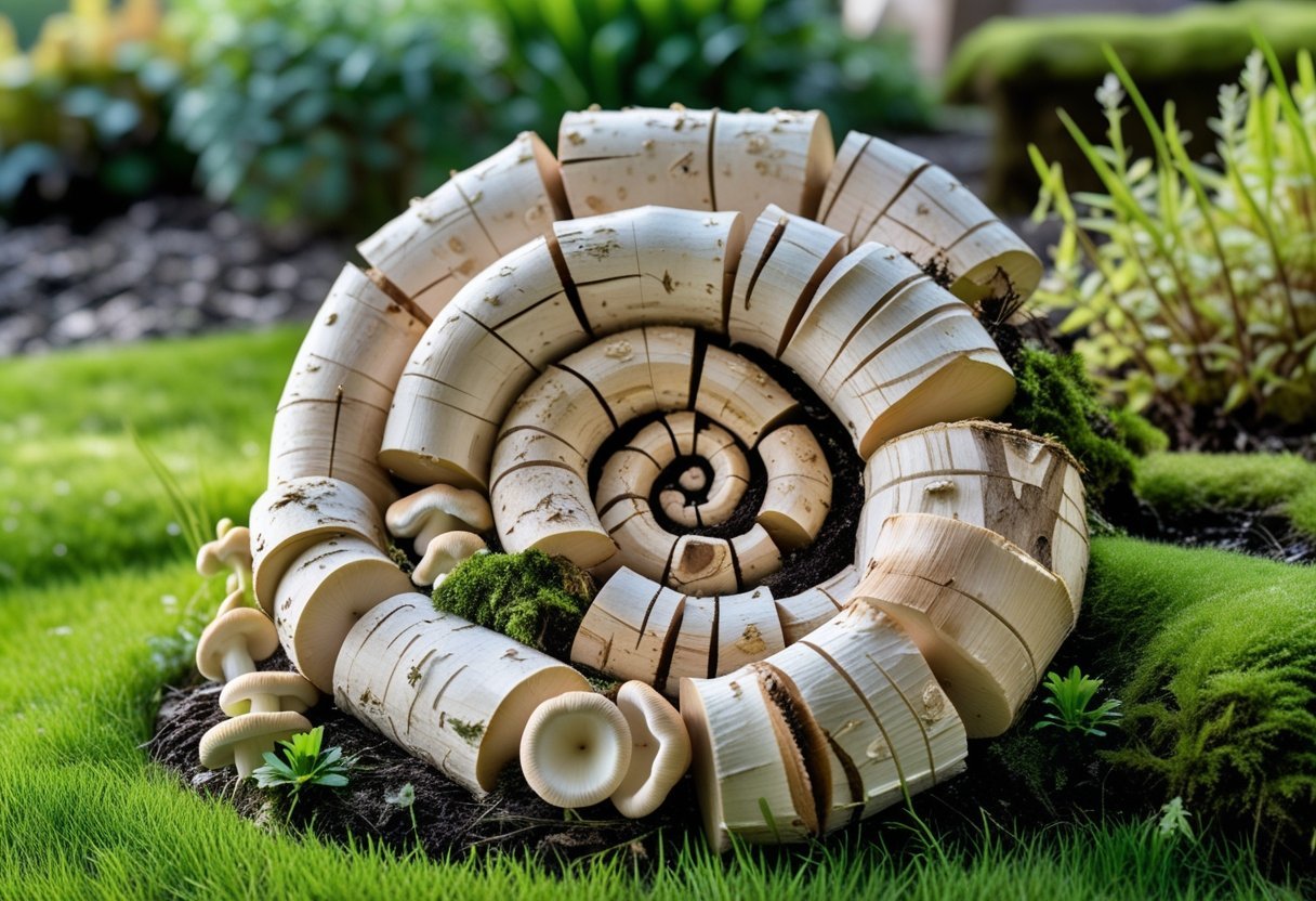 A spiral arrangement of wooden logs outdoors with mushrooms growing on them in a garden.