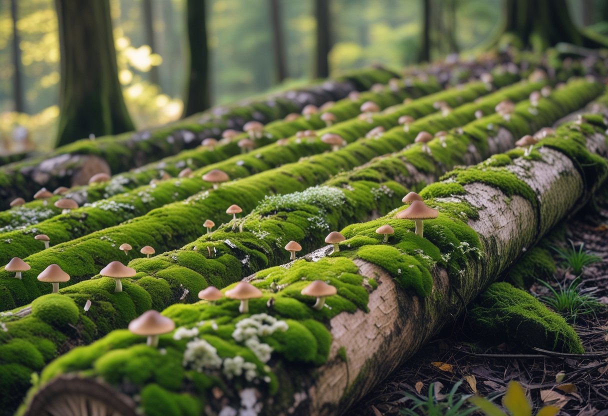 Rows of moss-covered logs with mushrooms growing on them in a forest garden setting.