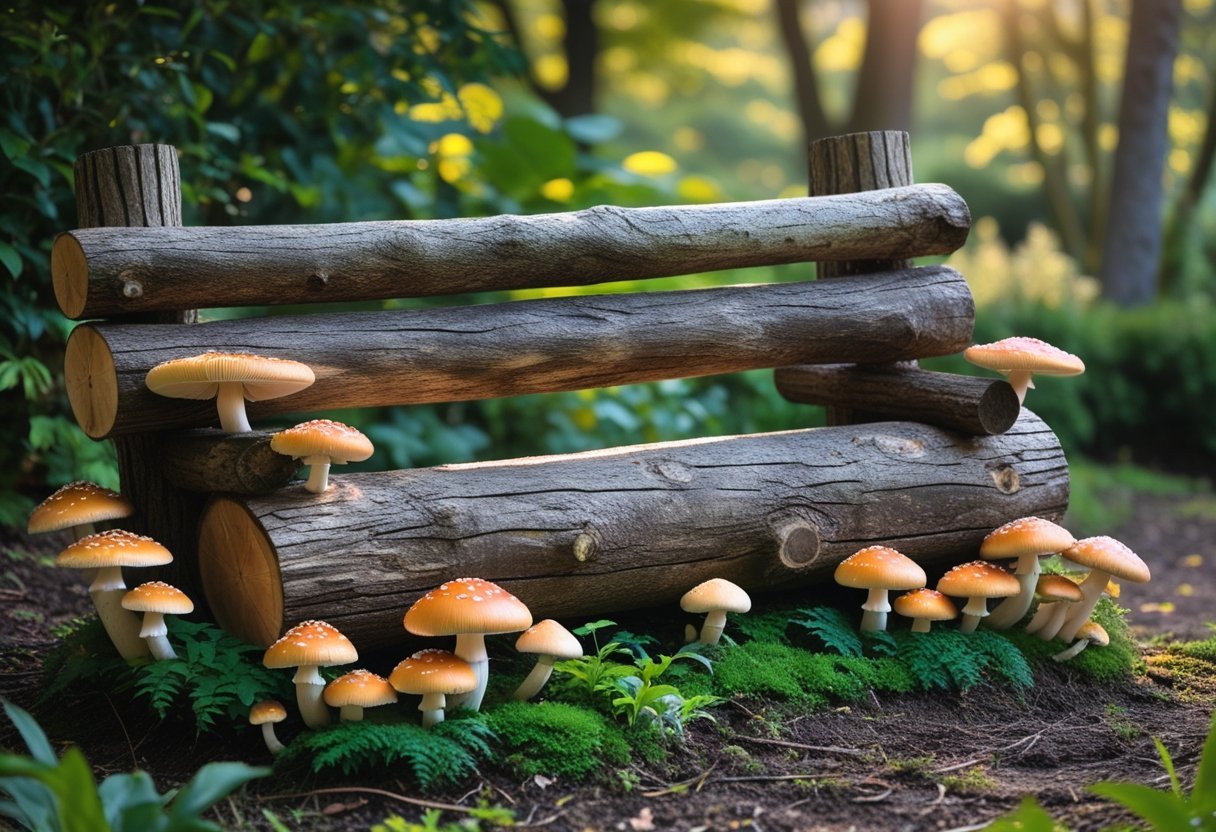 A rustic log bench surrounded by various mushrooms in a green garden with sunlight filtering through trees.