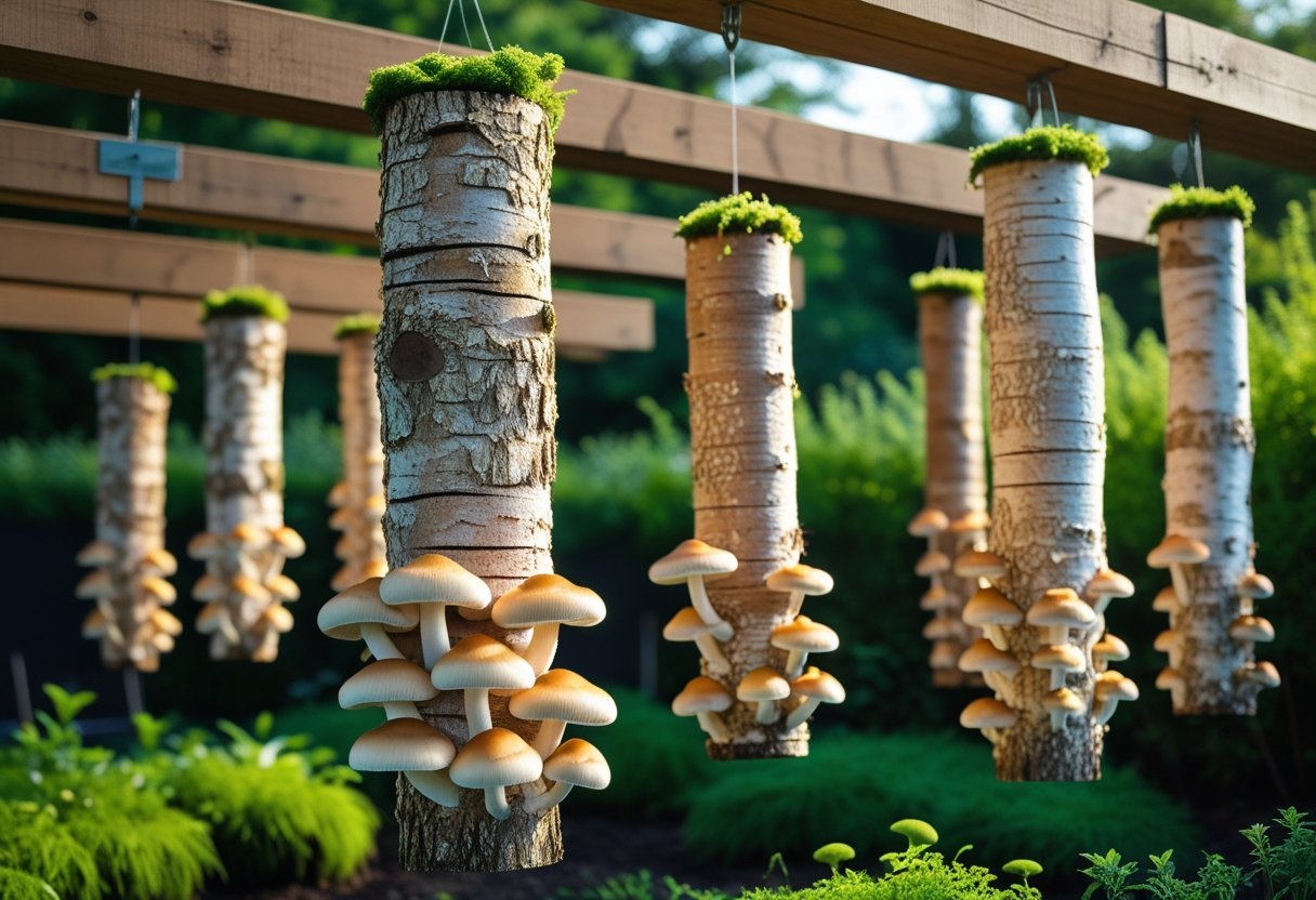 Hanging logs with fresh mushrooms growing on them in an outdoor garden setting.