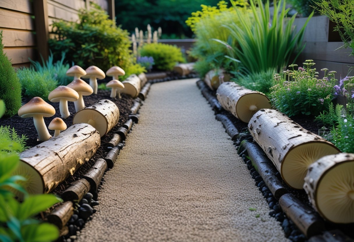 A garden pathway bordered by logs with mushrooms growing on them, surrounded by green plants and shrubs.
