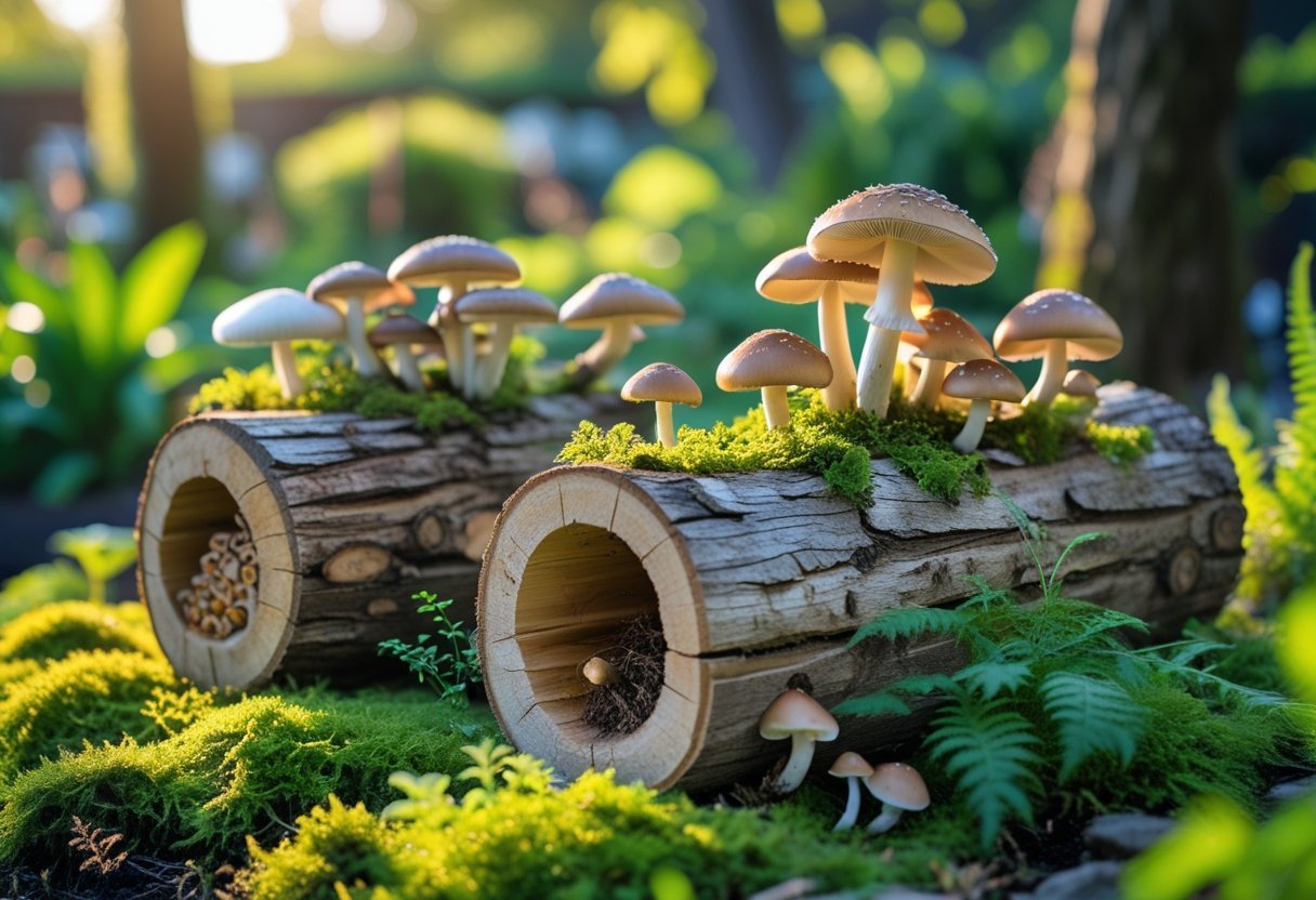 A garden scene with hollow logs used as planters, growing different mushrooms surrounded by moss and plants.