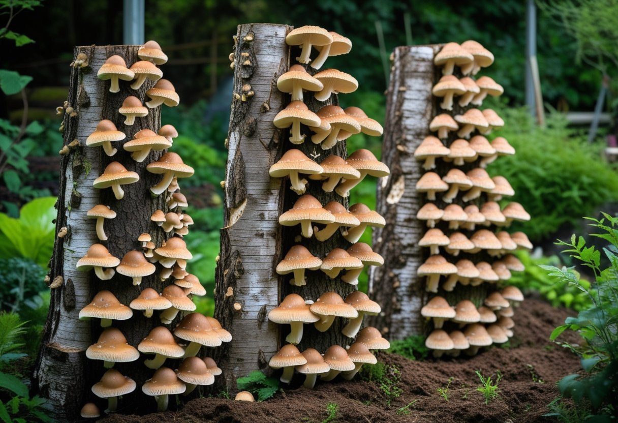 Several logs arranged in a teepee shape outdoors, covered with clusters of growing mushrooms surrounded by green plants.