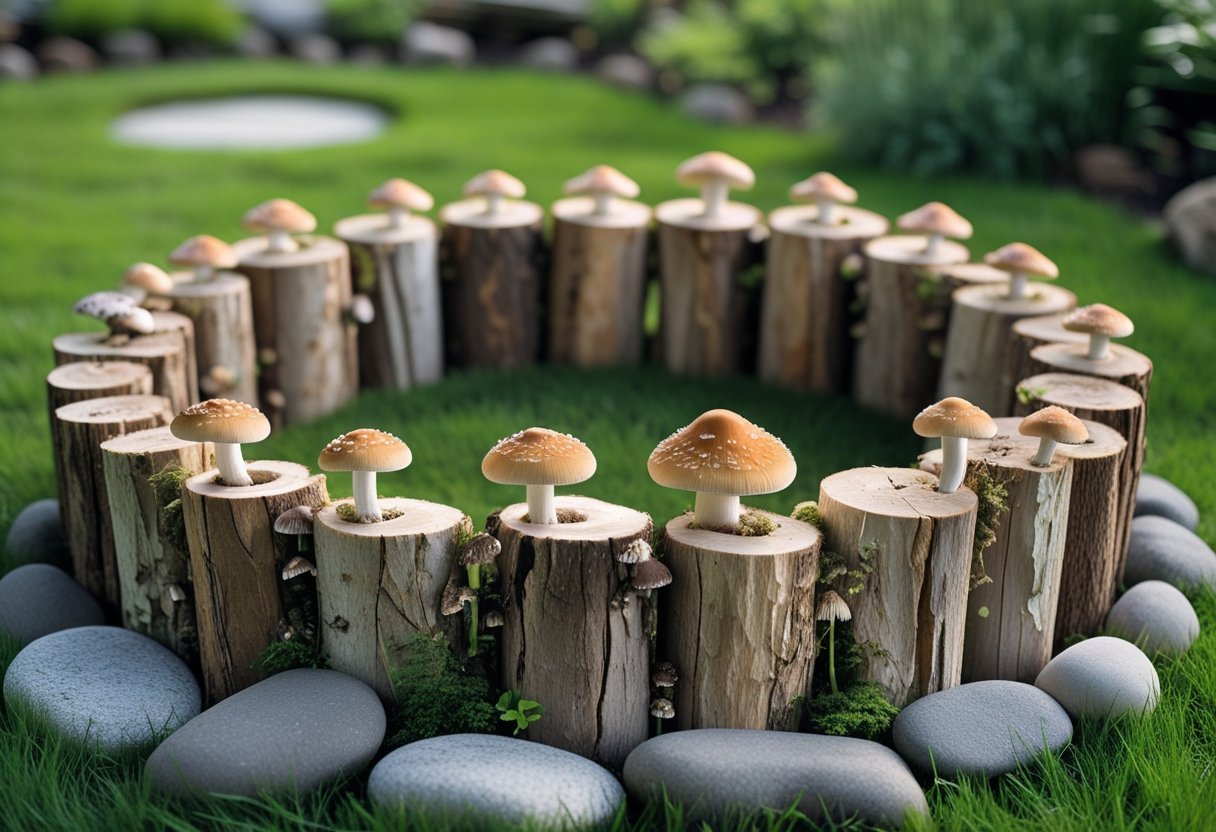 A circular garden made of logs surrounded by a ring of stones with mushrooms growing on the logs in a grassy outdoor setting.
