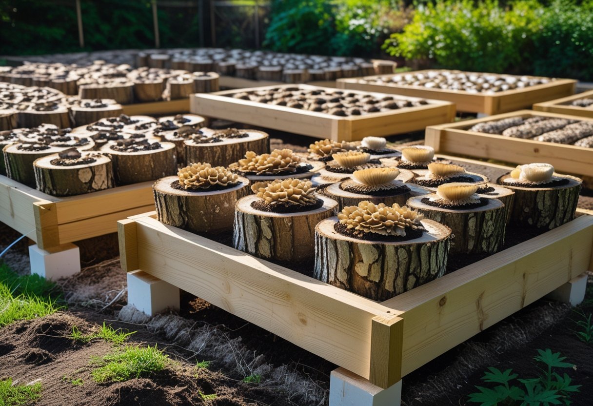 Outdoor garden with raised wooden log beds growing clusters of mushrooms surrounded by greenery.