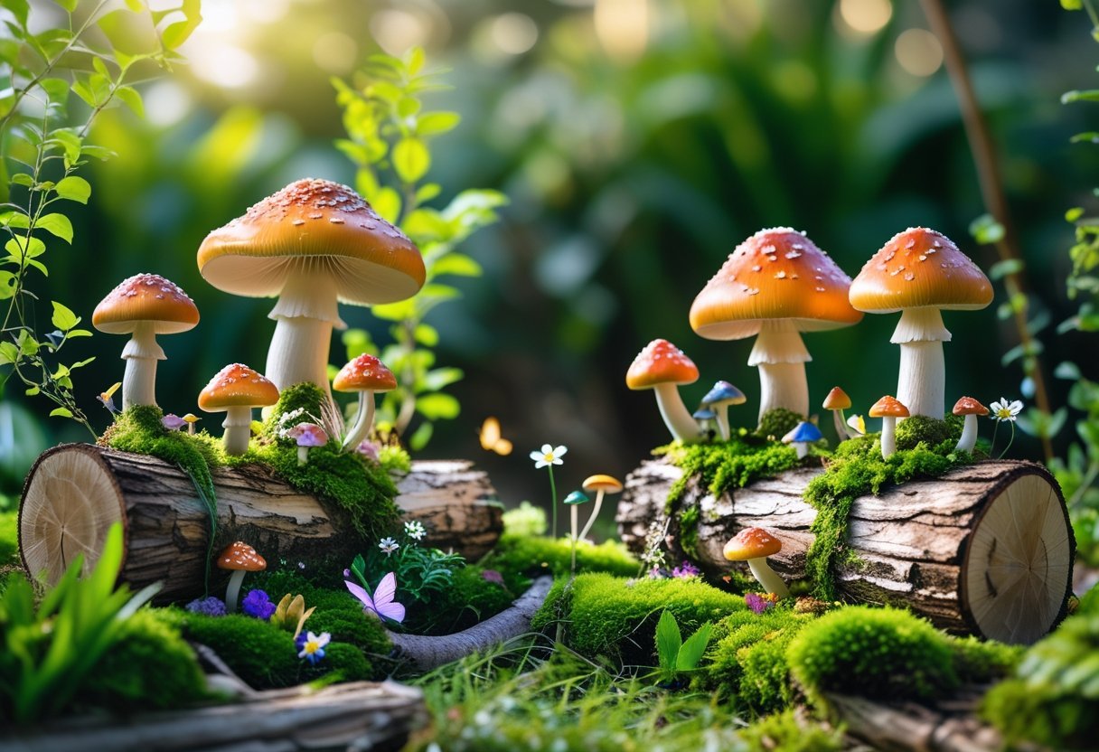 A fairy garden with mushroom logs, moss, small mushrooms, tiny flowers, and miniature fairy figurines in an outdoor setting.