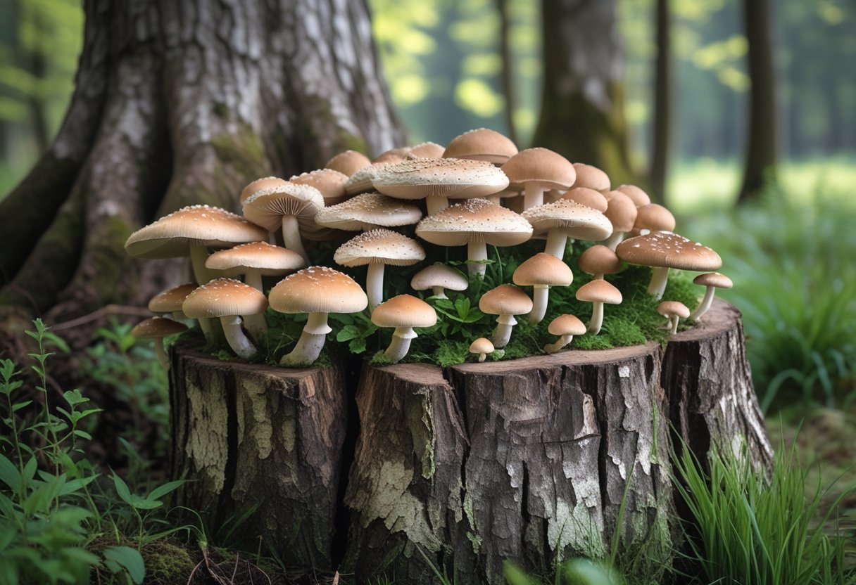 Clusters of mushrooms growing on and around a large tree stump in a green garden setting.