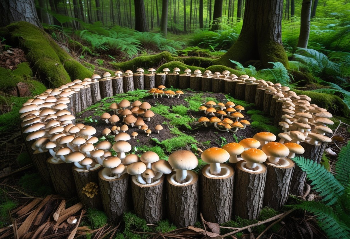 A circle of logs on a forest floor with various mushrooms growing on them, surrounded by green plants and trees.