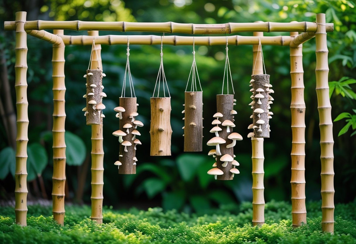 A bamboo frame outdoors with logs hanging from it, each log growing clusters of mushrooms, surrounded by green plants.