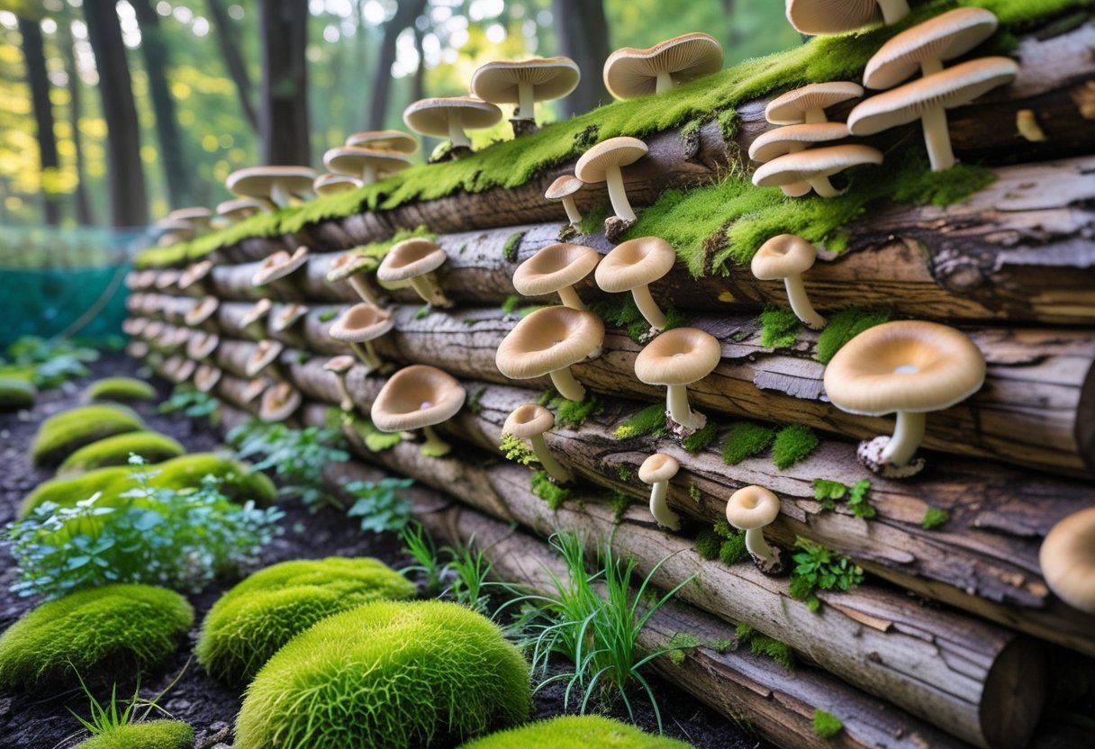 A vertical log wall covered with various mushrooms growing in a garden surrounded by green plants and moss.