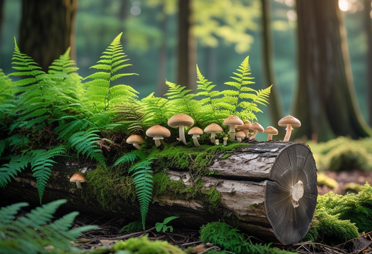 A log on the forest floor with green ferns and small mushrooms growing on it.