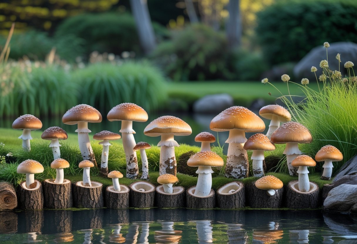 Nineteen mushroom-covered logs arranged around a calm pond surrounded by grass and trees.