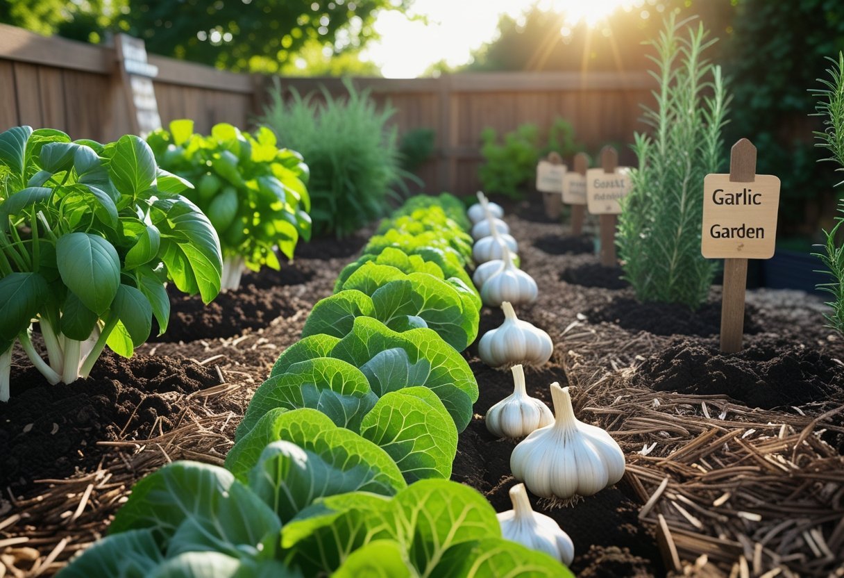 A sunny backyard garden with neat rows of healthy garlic plants and nearby herbs growing in dark soil.