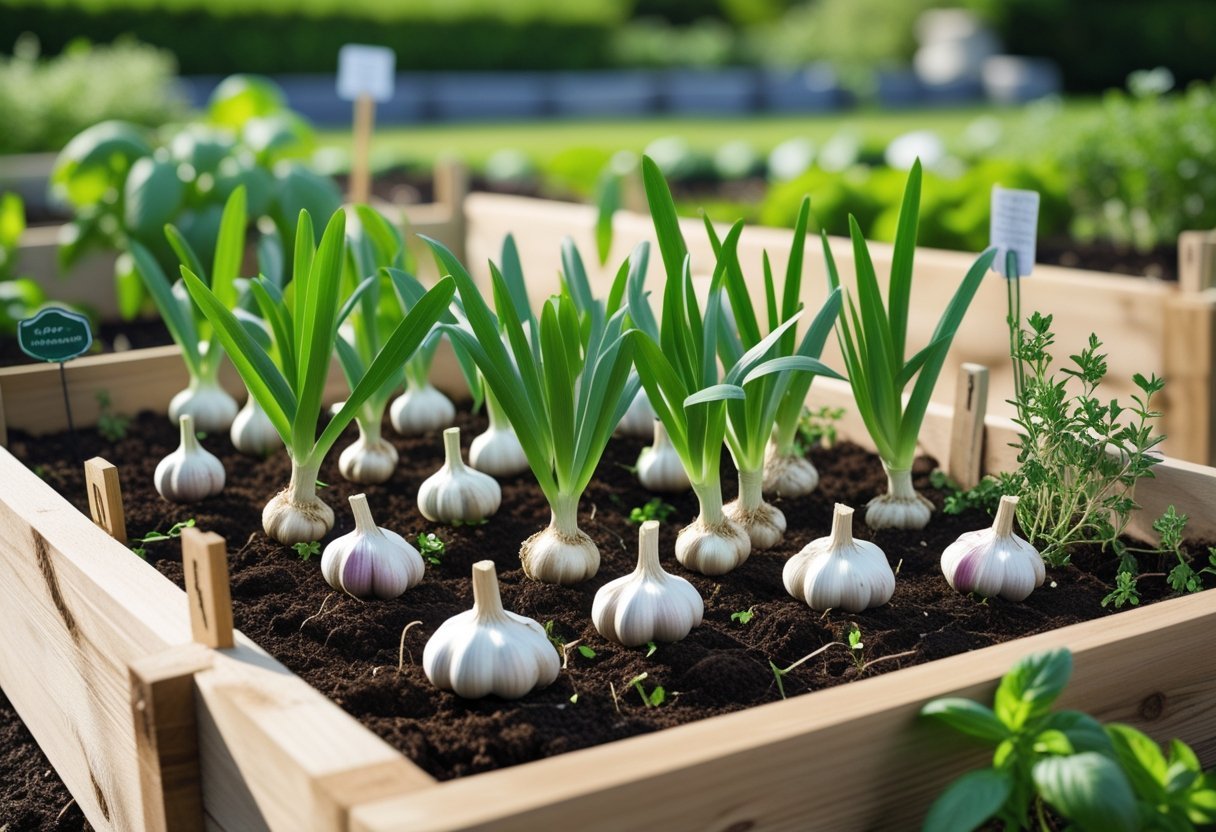 Raised wooden garden bed filled with healthy green garlic plants growing in rich soil outdoors.