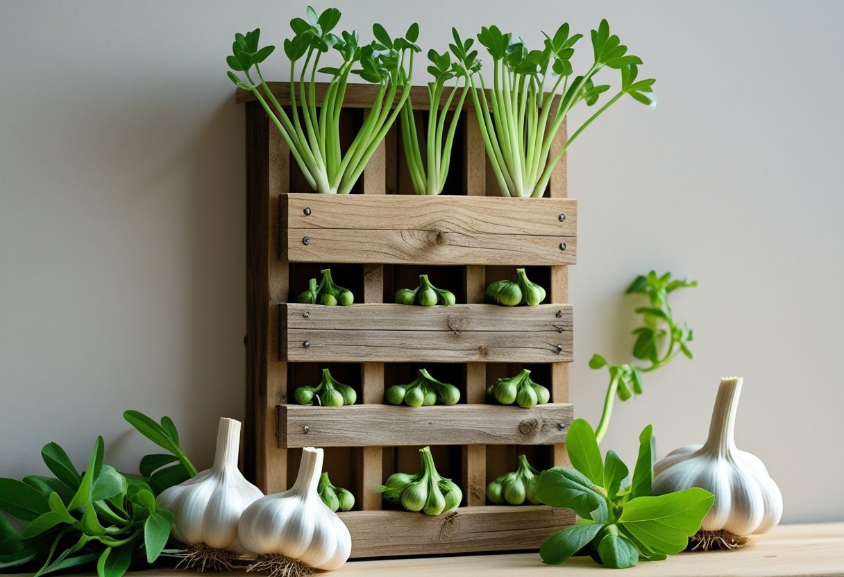 Vertical wooden planter mounted on a wall with fresh garlic bulbs and green shoots growing in multiple compartments.