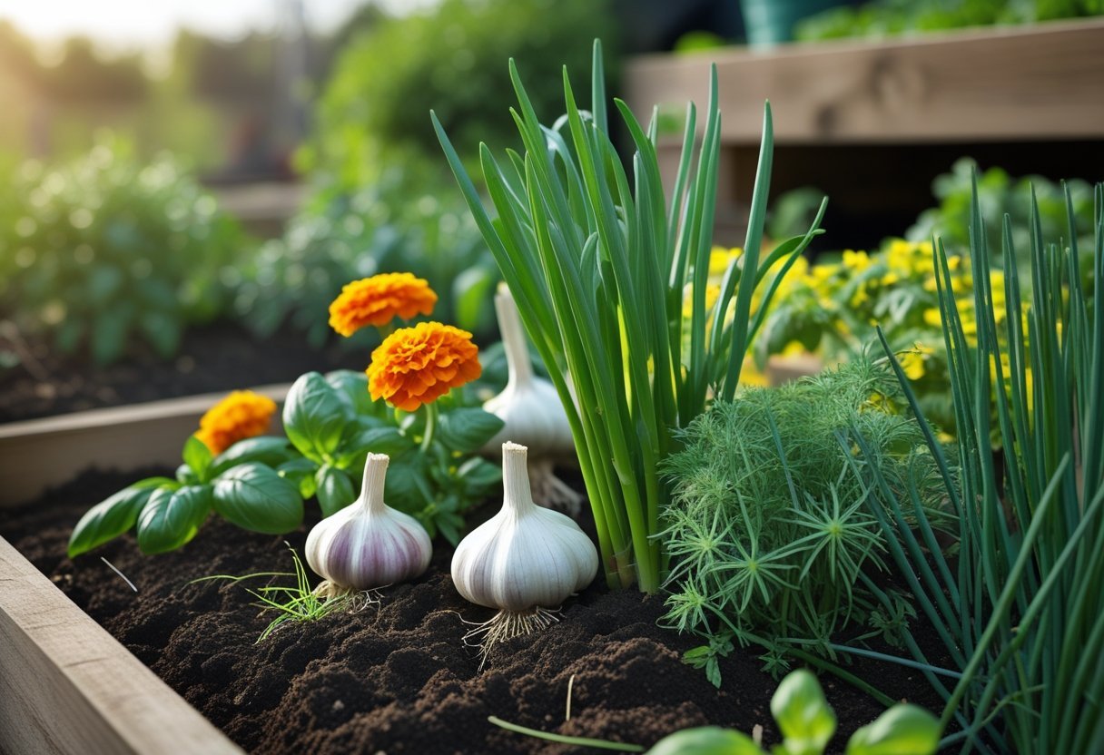 A garden bed with garlic plants growing alongside marigolds, basil, and chives in rich soil under natural sunlight.
