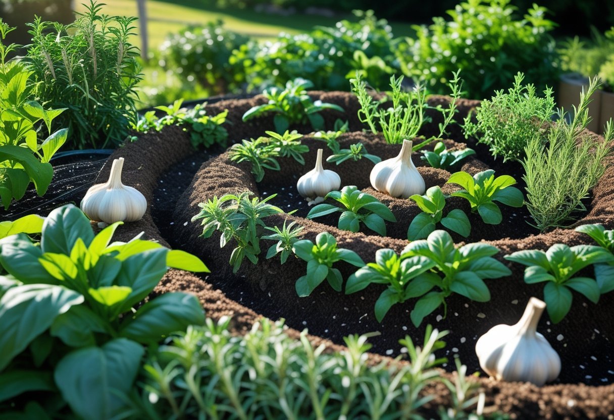 A spiral-shaped raised garden bed filled with garlic plants and various green herbs growing outdoors.