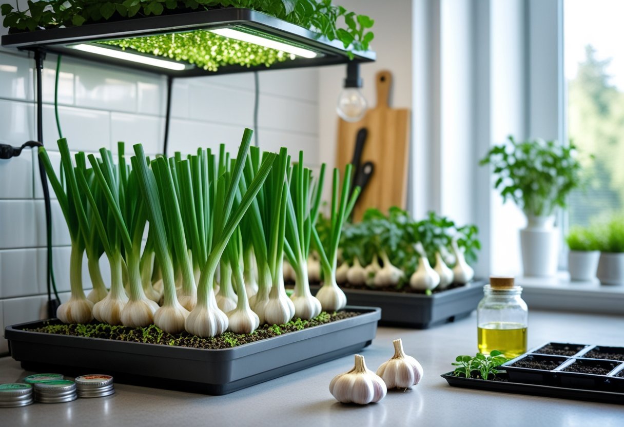 Indoor hydroponic setup growing green garlic plants with developing bulbs under LED grow lights in a clean kitchen space.