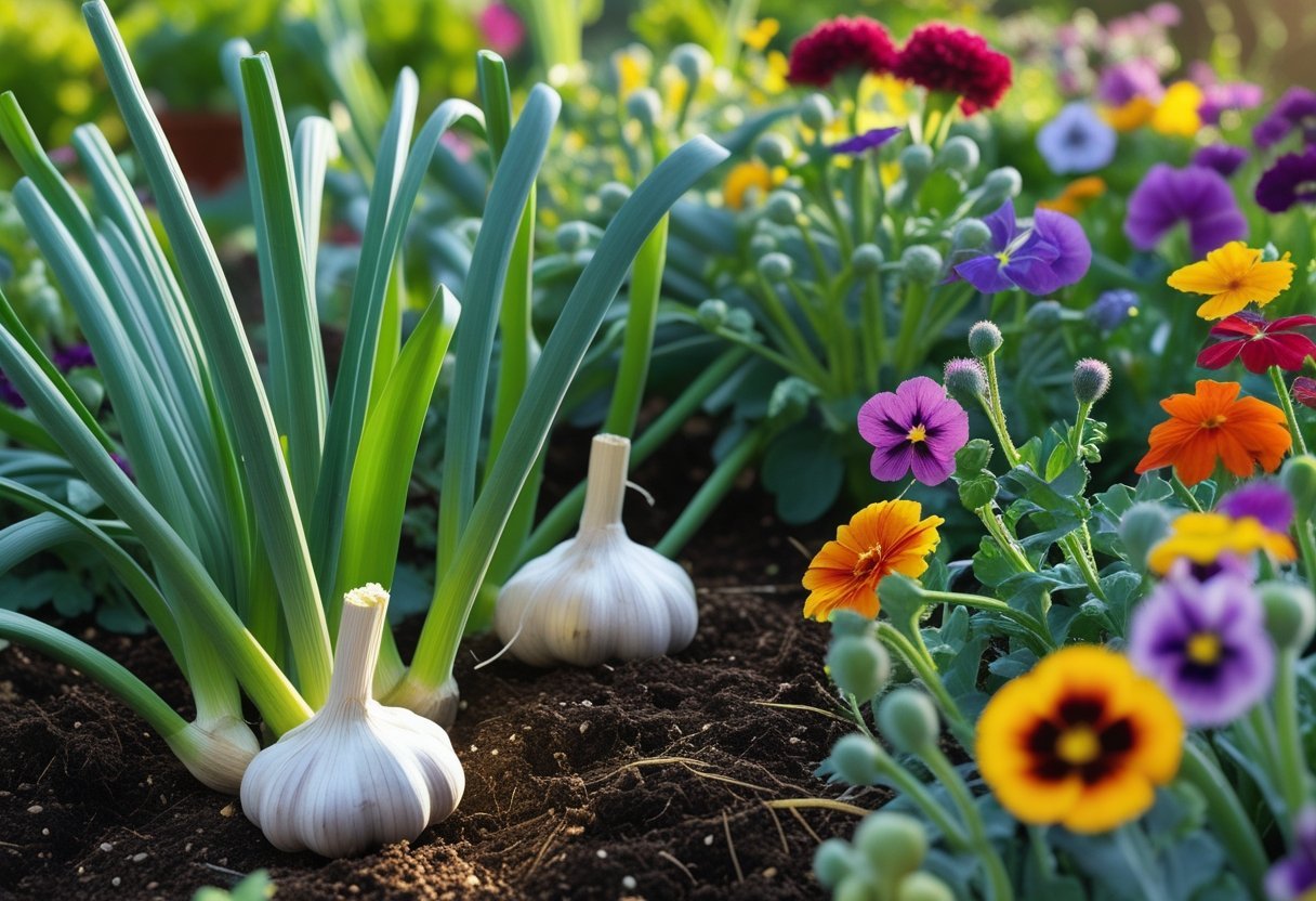 A garden bed with green garlic plants surrounded by colorful edible flowers growing together in sunlight.