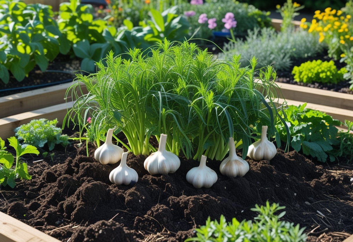 A garden bed with healthy garlic plants surrounded by herbs and flowers in a sunny outdoor setting.