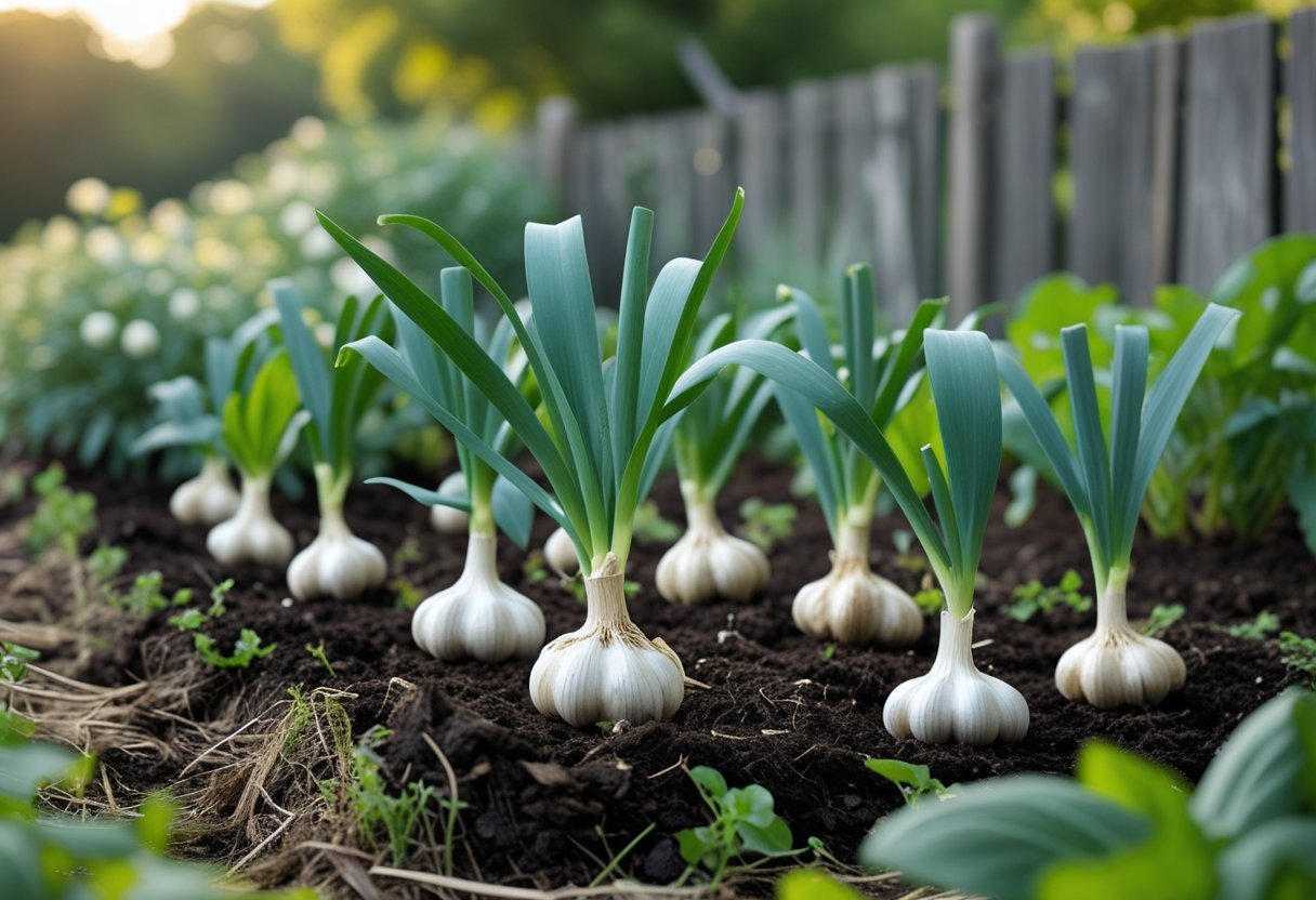 A lush garden bed with healthy organic garlic plants growing in dark soil surrounded by natural mulch and companion plants.