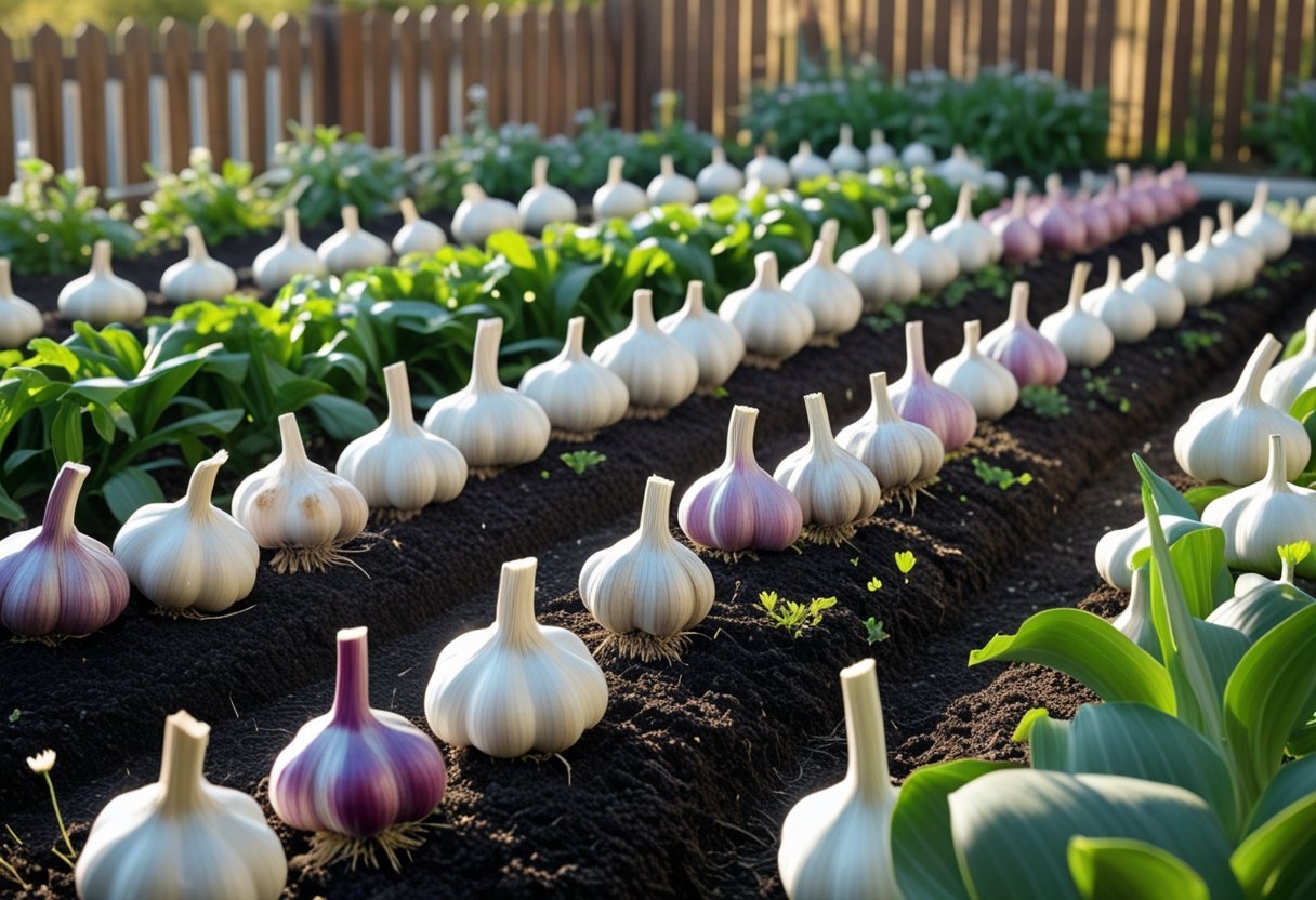 A garden patch with various types of garlic plants growing in rows with green leaves and different colored bulbs.