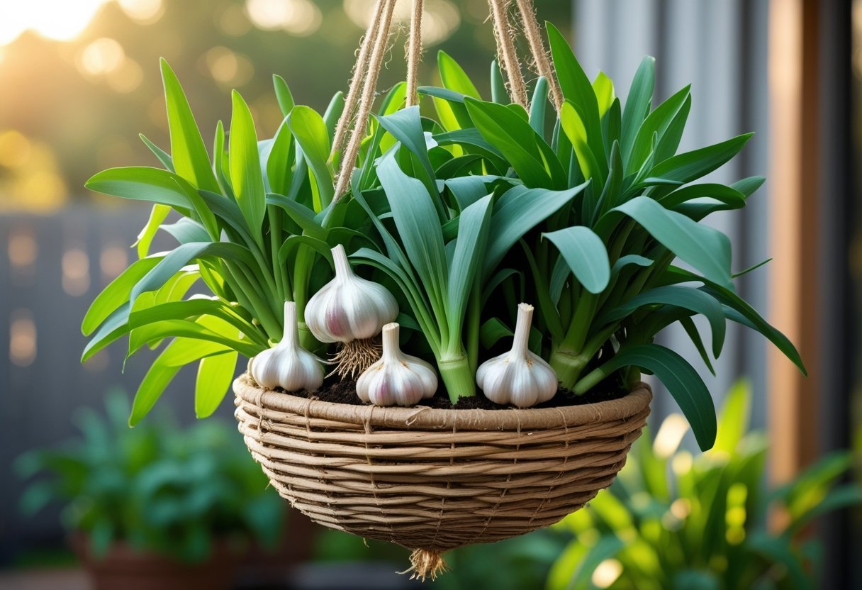 A hanging basket filled with green garlic plants and garlic bulbs outdoors in a garden setting.