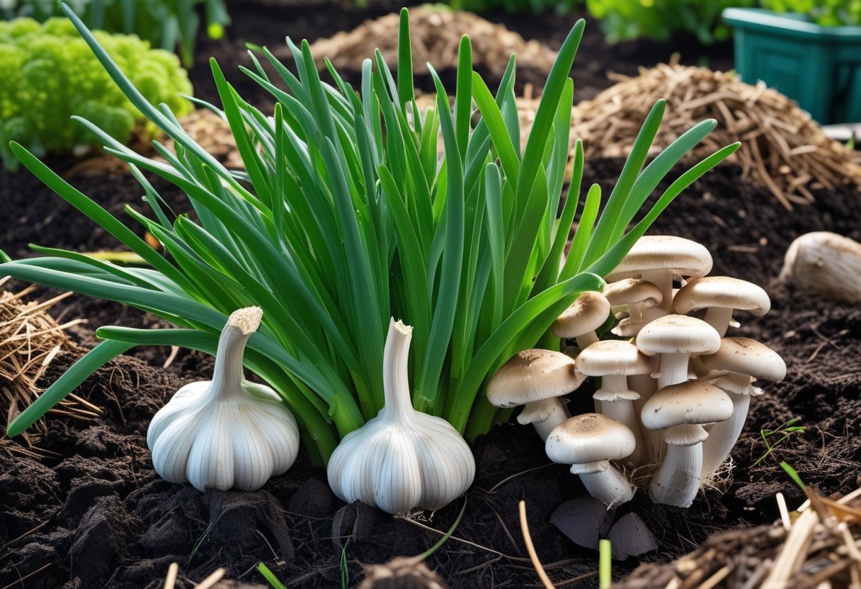 A garden bed with green garlic plants growing alongside clusters of mushrooms in dark soil.