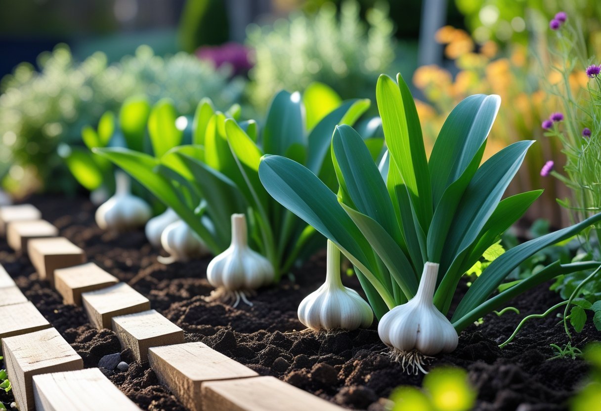 A garden bed with healthy garlic plants growing in neat rows bordered by wooden edging and surrounded by green foliage.