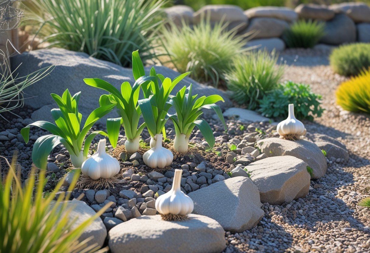 A rock garden with healthy garlic plants growing among stones and dry soil under bright sunlight.